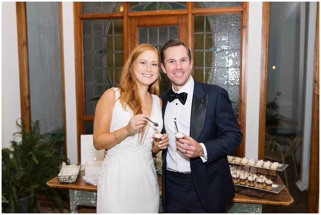 Bride and groom eating dessert | The Meadows Wedding | The Meadows Wedding Photographer | Raleigh NC Wedding Photographer