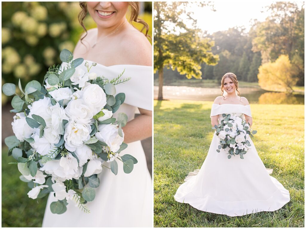White flower bridal bouquet | Bridal Portraits at The Farmstead | NC Bridal Photographer | Bridal Portrait Photographer