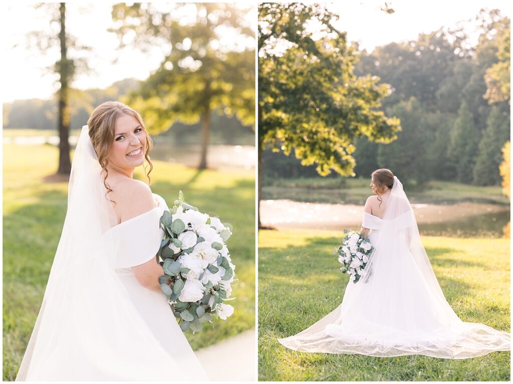 Bride holding white bouquet outside | Bridal Portraits at The Farmstead | Rustic bridal portraits | Bridal Portrait Photographer