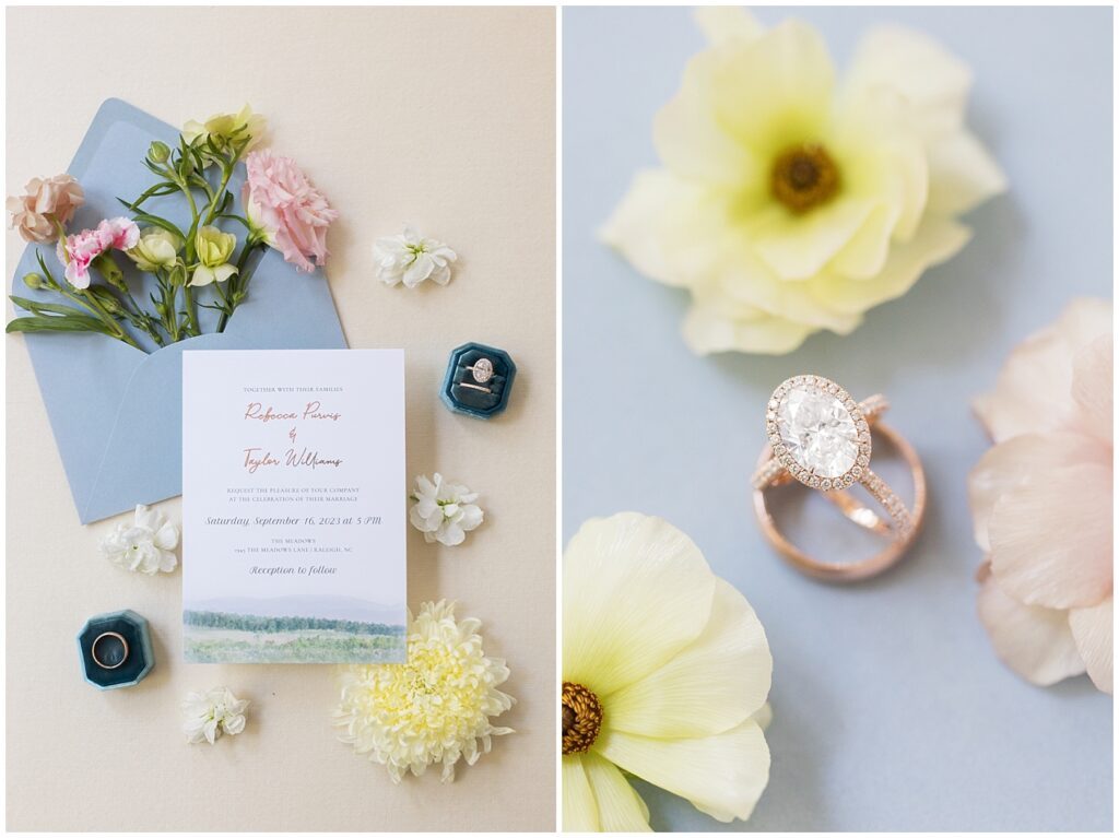 Wedding invitation displayed with wedding rings and spring flowers | The Meadows Wedding | The Meadows Wedding Photographer | Raleigh NC Wedding Photographer