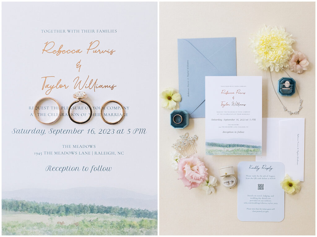 Pink and blue wedding day detail flatlay with a water color invitation suite.