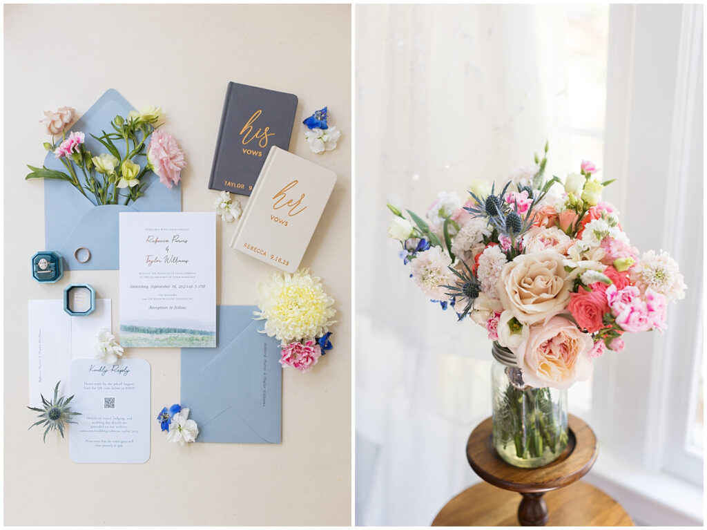 Wedding rings displayed with wedding invitation, his and her vow books, and spring flower bouquet | The Meadows Wedding | The Meadows Wedding Photographer | Raleigh NC Wedding Photographer