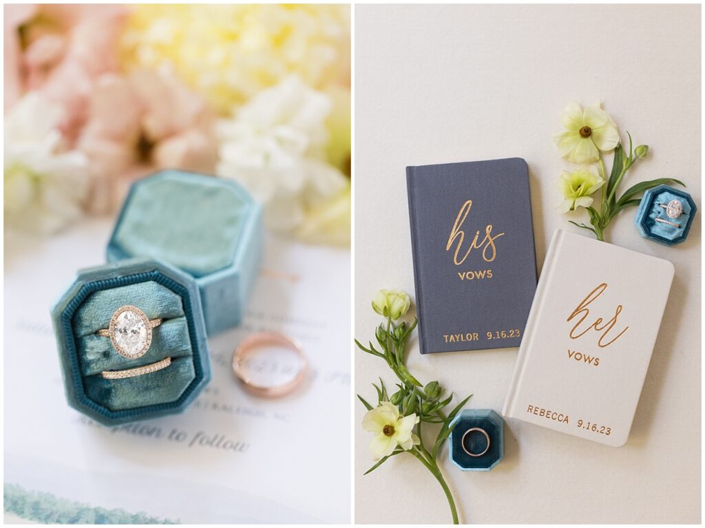 Wedding rings displayed in blue ring box and his and her vow books | The Meadows Wedding | The Meadows Wedding Photographer | Raleigh NC Wedding Photographer