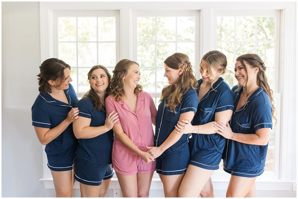 Bride and bridal party in pajamas | The Meadows Wedding | The Meadows Wedding Photographer | Raleigh NC Wedding Photographer