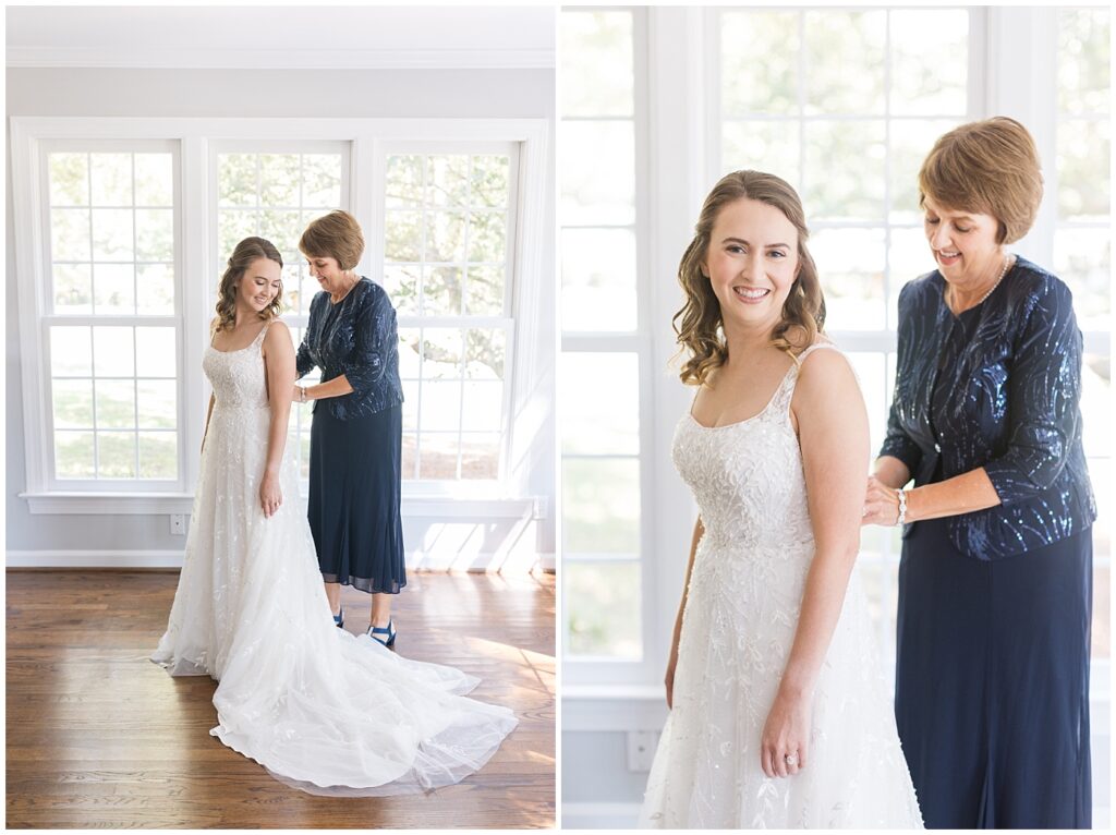 Mother of the bride helping bride button up wedding dress | The Meadows Wedding | The Meadows Wedding Photographer | Raleigh NC Wedding Photographer