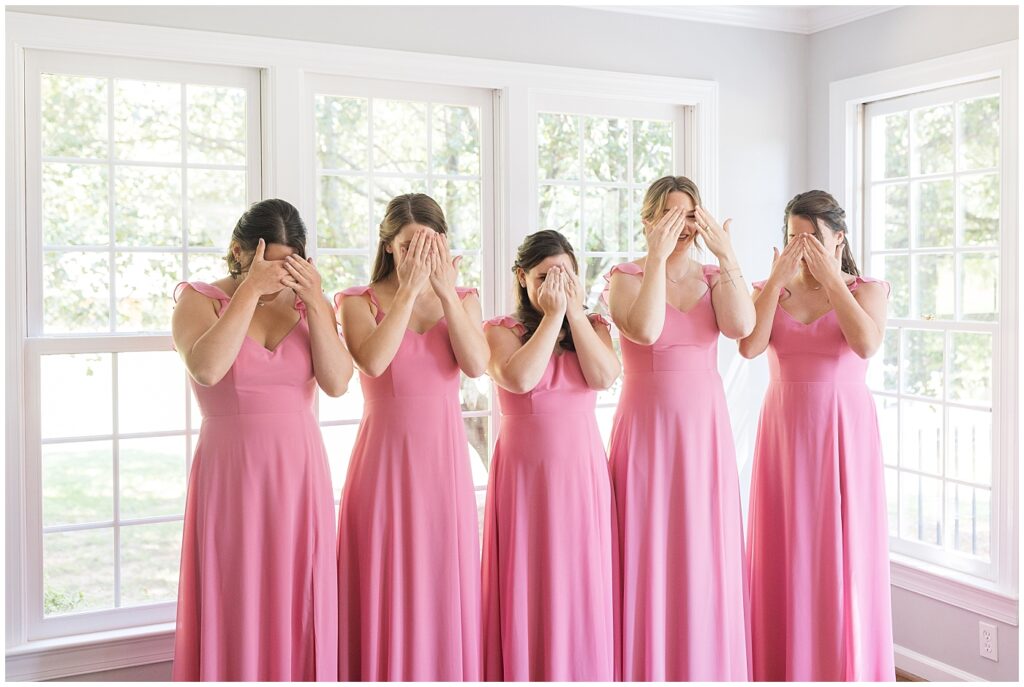 Bridesmaids covering their eyes for bride's first look | The Meadows Wedding | The Meadows Wedding Photographer | Raleigh NC Wedding Photographer