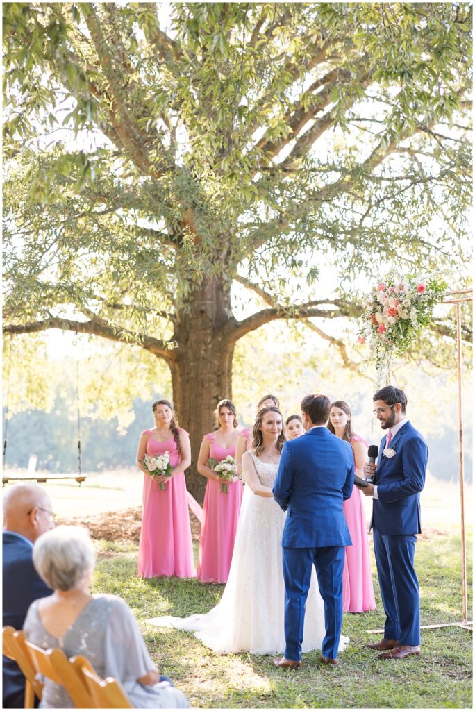 Bride and groom exchanging vows during wedding ceremony | The Meadows Wedding | The Meadows Wedding Photographer | Raleigh NC Wedding Photographer