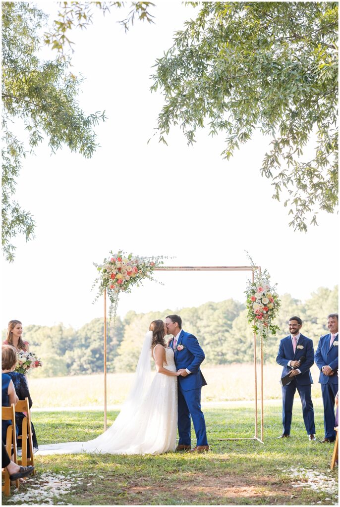 Bride and groom kissing after wedding ceremony | The Meadows Wedding | The Meadows Wedding Photographer | Raleigh NC Wedding Photographer