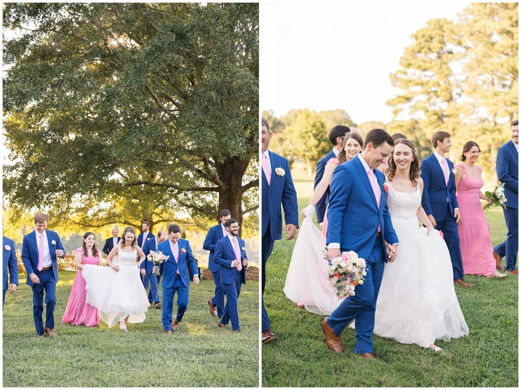 Bride and groom walking with wedding party | The Meadows Wedding | The Meadows Wedding Photographer | Raleigh NC Wedding Photographer