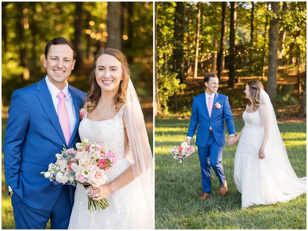 Bride and groom holding hands on lawn | The Meadows Wedding | The Meadows Wedding Photographer | Raleigh NC Wedding Photographer