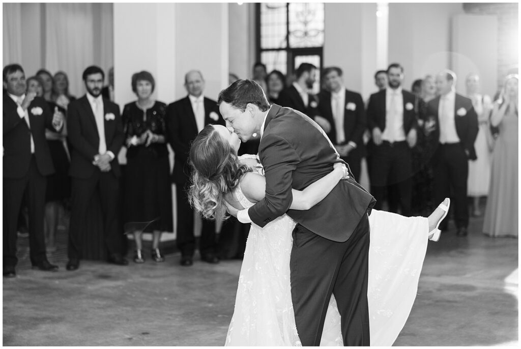 Bride and groom kiss during first dance | The Meadows Wedding | The Meadows Wedding Photographer | Raleigh NC Wedding Photographer