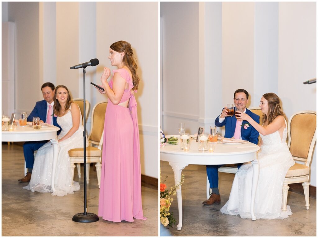 Bridesmaid toasting Bride and groom during wedding reception | The Meadows Wedding | The Meadows Wedding Photographer | Raleigh NC Wedding Photographer