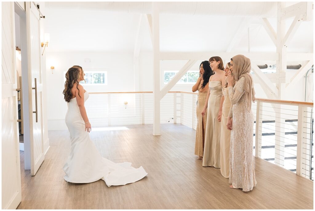 Bridesmaid first look at bride | Carolina Grove Wedding | Carolina Grove Wedding Photographer | Raleigh NC Wedding Photographer