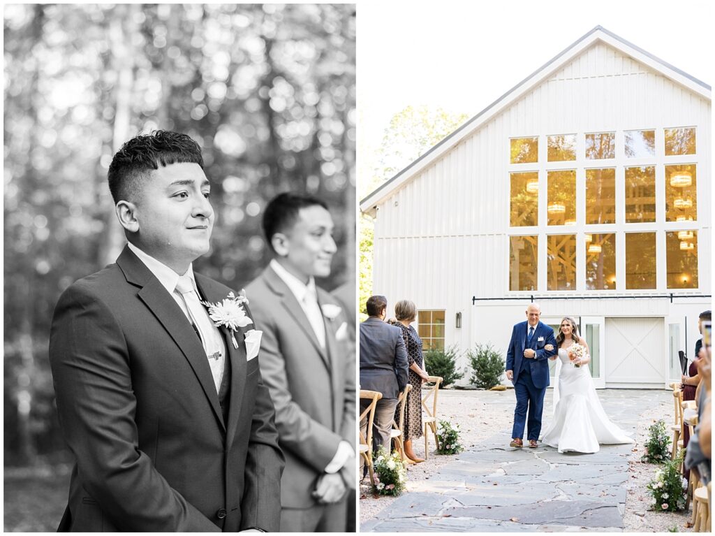 Groom waiting for bride | Bride walking down the aisle | Carolina Grove Wedding | Carolina Grove Wedding Photographer | Raleigh NC Wedding Photographer
