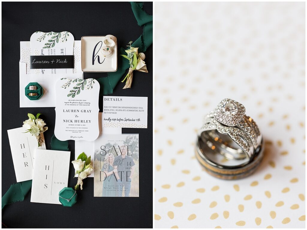 Wedding rings | Wedding invitations | Green and black wedding inspiration | NC Wedding Photographer | Raleigh Wedding Photographer