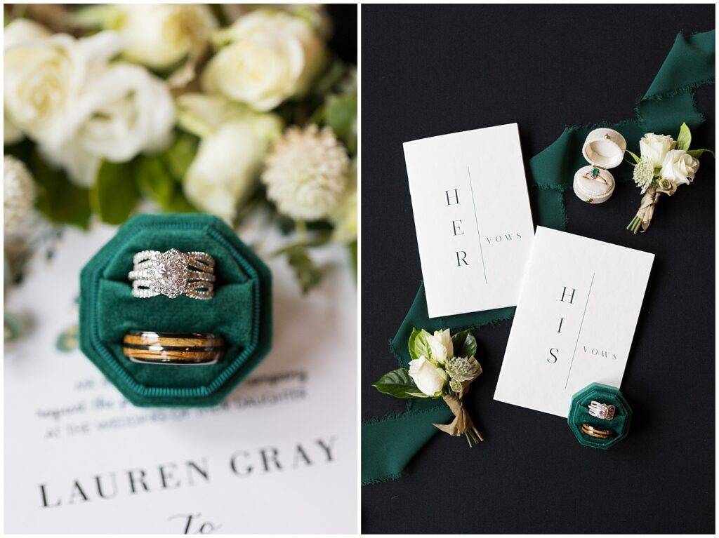 Black and green wedding detail inspiration with rings and vow books | Raleigh Wedding Photographer