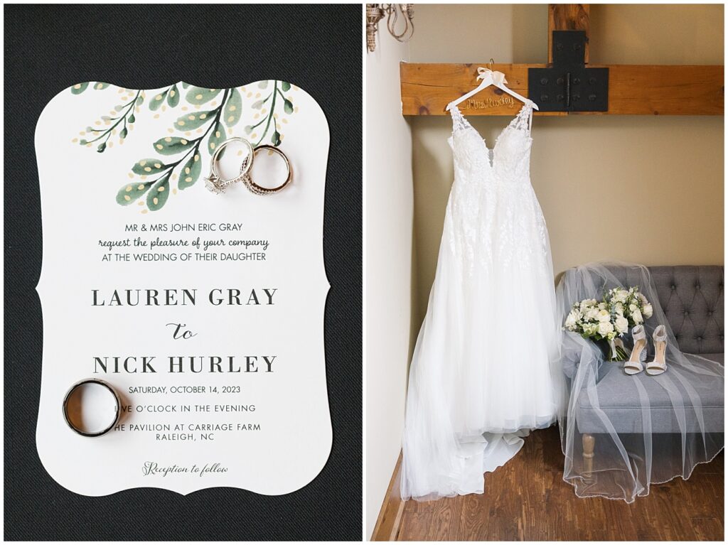 Wedding stationary for a fall wedding | Dress hanging at a rustic barn | Raleigh Wedding Photographer