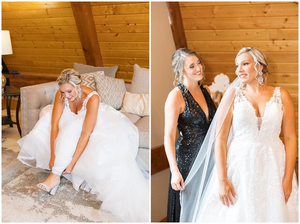 Bride getting ready with her sister | Pavilion at Carriage Farm Wedding