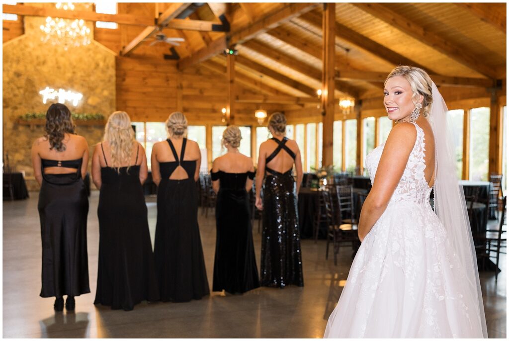 Bride and bridesmaid first look | Pavilion at Carriage Farm Wedding