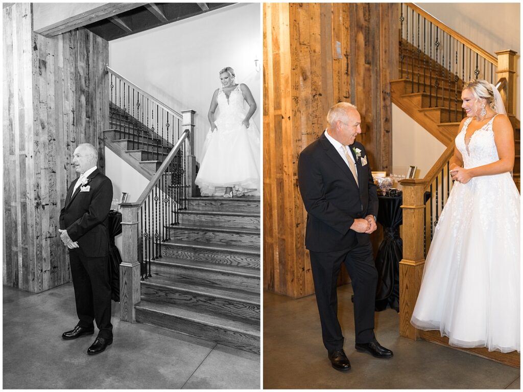 Father daughter first look on the stairs | Raleigh NC Wedding Photographer 