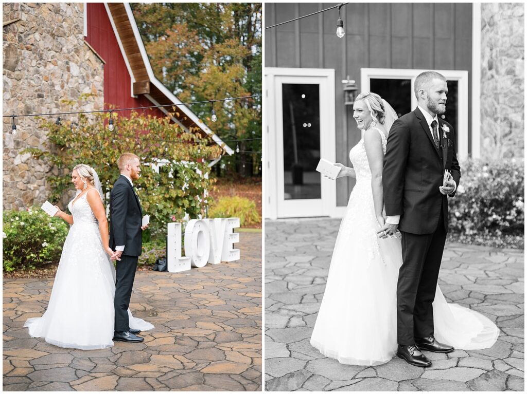 Bride groom first touch before the ceremony reading vows | NC Wedding Photographer | Raleigh Wedding Photographer