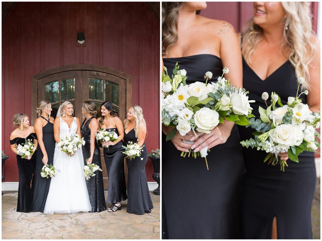 Bridesmaid dresses in black with different styles | White floral Bridesmaid bouquets