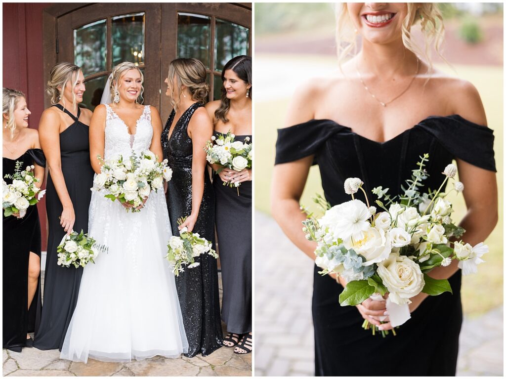 Bridesmaid dress inspiration in all black with white Bridesmaid bouquets | NC Wedding Photographer | Raleigh Wedding Photographer