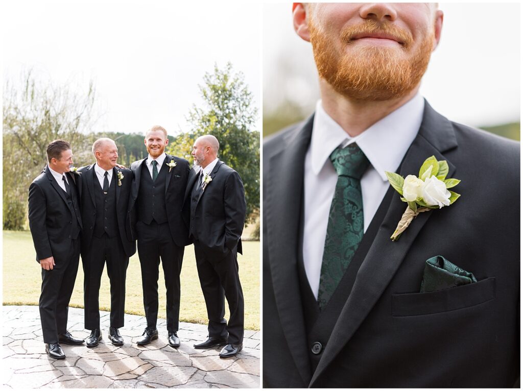 Groomsmen photos at the Pavilion at Carriage farm wearing black suits with green ties