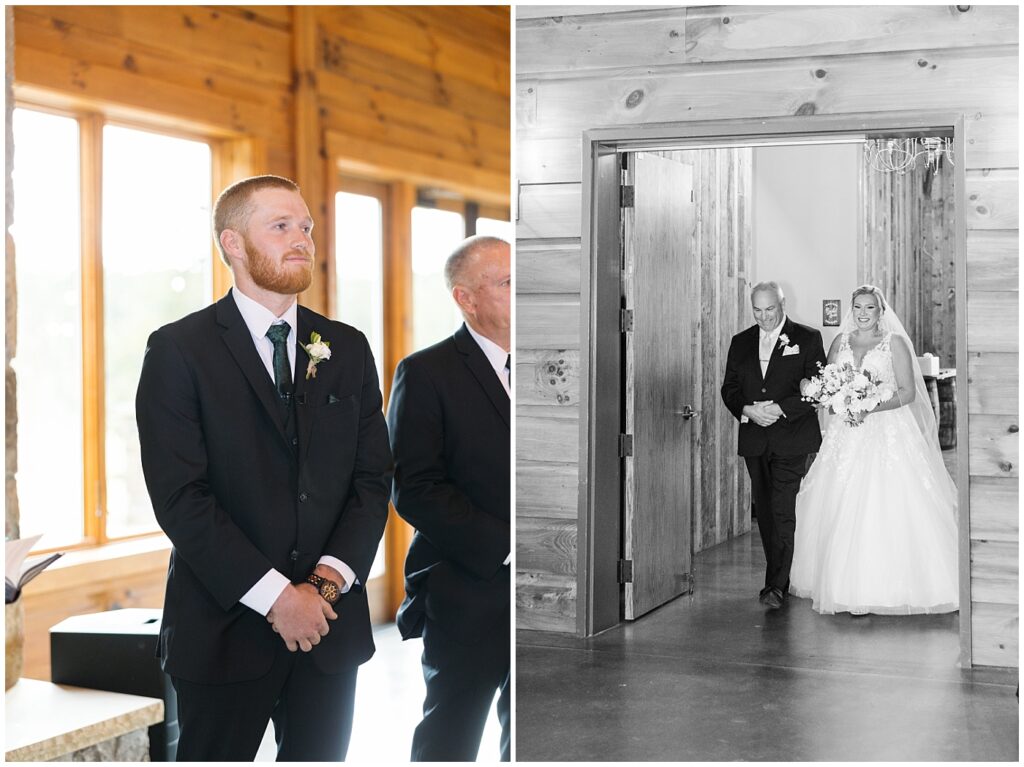 Groom waiting for bride | Bride walking down the aisle | Pavilion at Carriage Farm Wedding | NC Wedding Photographer | Raleigh Wedding Photographer