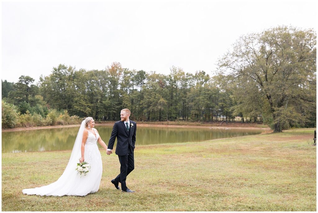 Bride groom photo ideas by pond | Pavilion at Carriage Farm Wedding | NC Wedding Photographer | Raleigh Wedding Photographer