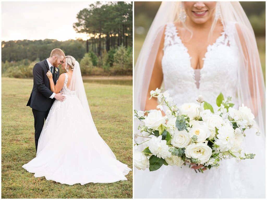 Bride groom photos | Bridal bouquet | Pavilion at Carriage Farm Wedding | NC Wedding Photographer | Raleigh Wedding Photographer