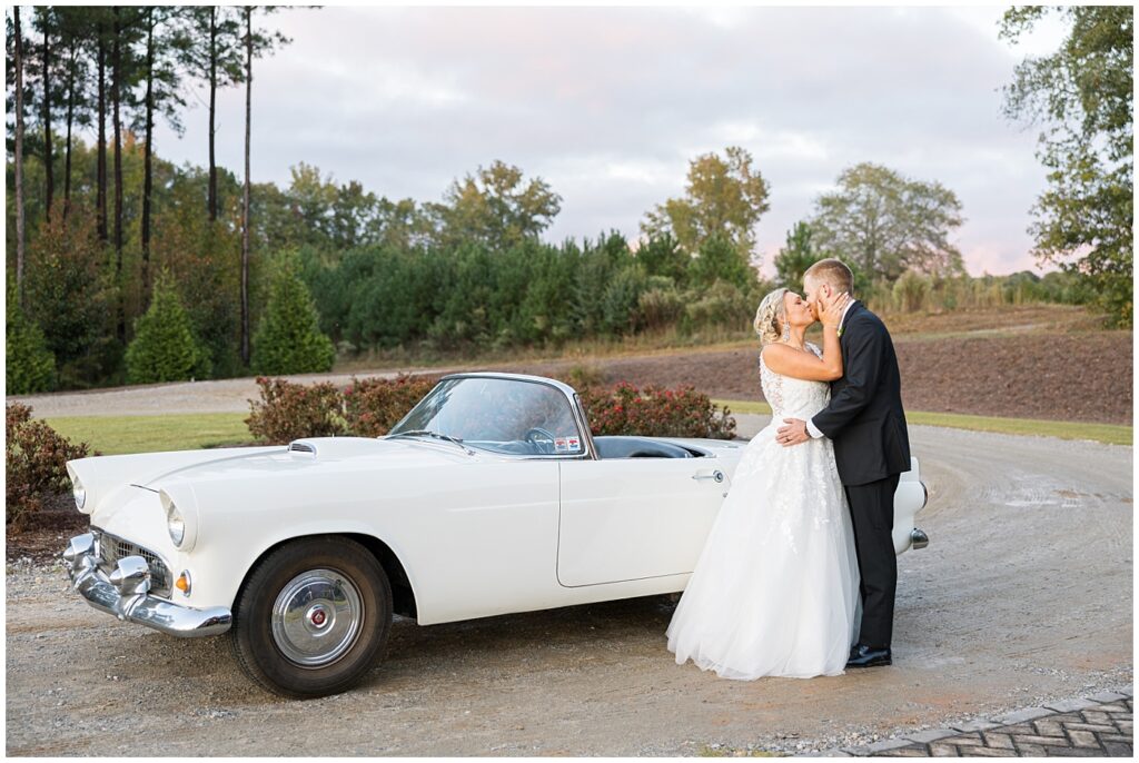 Bride groom photos with white classic car | Pavilion at Carriage Farm Wedding | NC Wedding Photographer | Raleigh Wedding Photographer