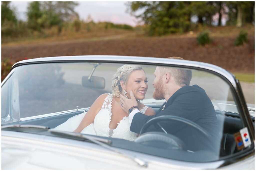 Bride groom photos with a white classic car | NC Wedding Photographer | Raleigh Wedding Photographer