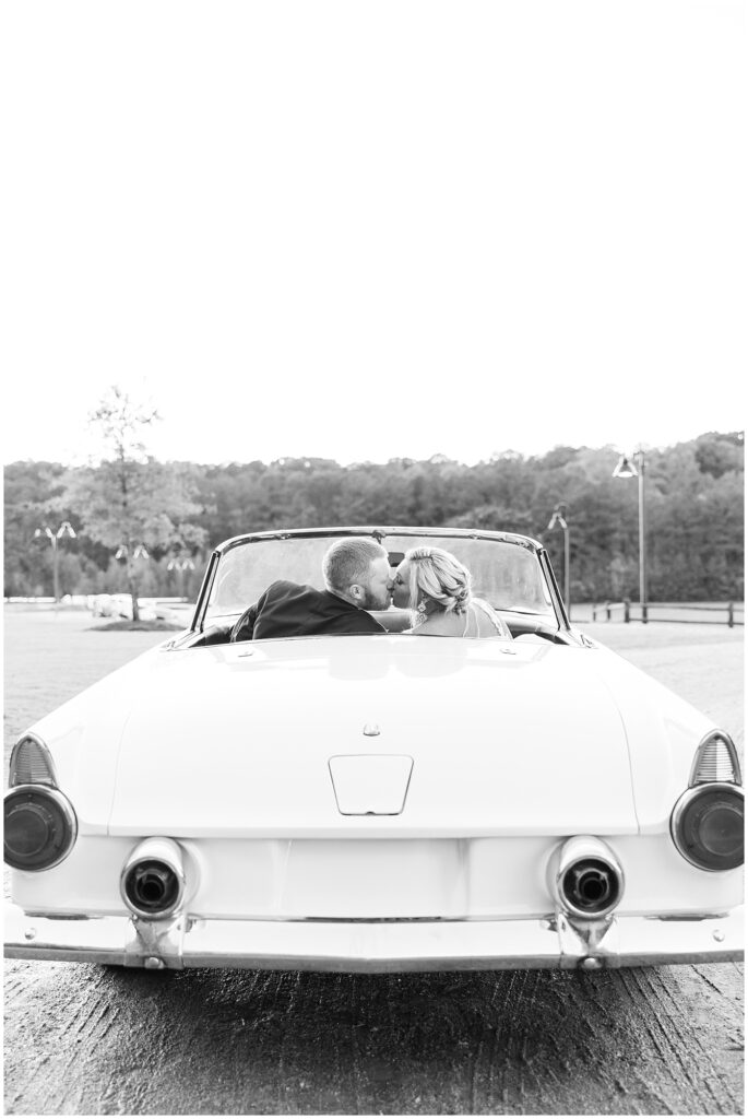 Bride groom photos with classic car | Pavilion at Carriage Farm Wedding | NC Wedding Photographer | Raleigh Wedding Photographer