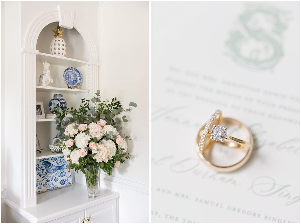 Wedding Floral Arrangement | Wedding Rings | Romantic Estate Wedding | Eastern NC Wedding Photographer | Raleigh Wedding Photographer