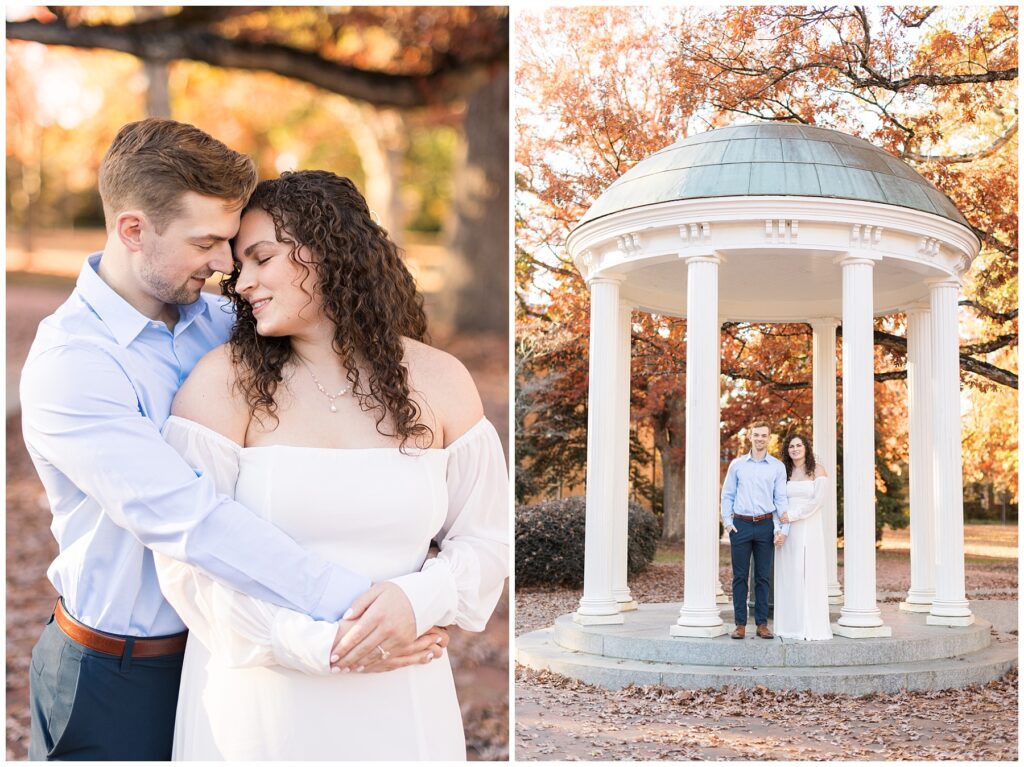 Blue and White engagement photos at the Old Well in the fall on UNC Chapel Hill's Campus | Sarah Hinckley Photography