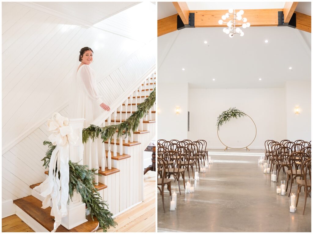 Bride standing in stairwell | Wedding Ceremony Decor | The Upchurch Wedding | NC Wedding Photographer | Raleigh Wedding Photographer