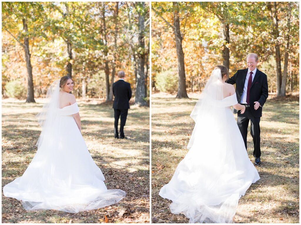Bride and dad, first look, The Farmstead wedding venue, fall wedding, Raleigh wedding photographer