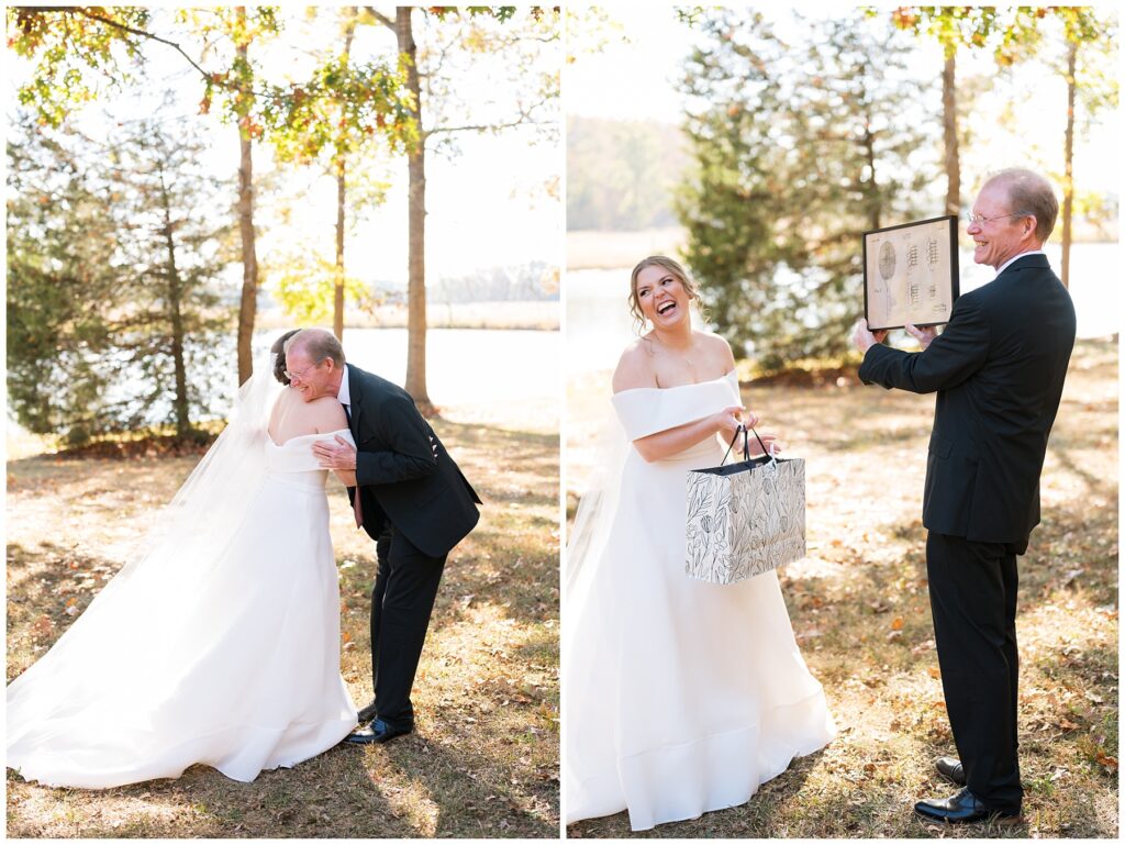 Bride and dad, wedding gifts, first look, The Farmstead wedding venue, fall wedding, Raleigh wedding photographer