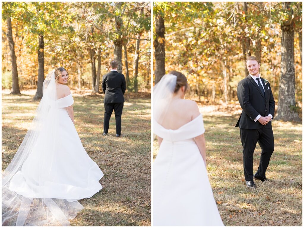 Bride and groom first look, first look, The Farmstead wedding venue, fall wedding, Raleigh wedding photographer