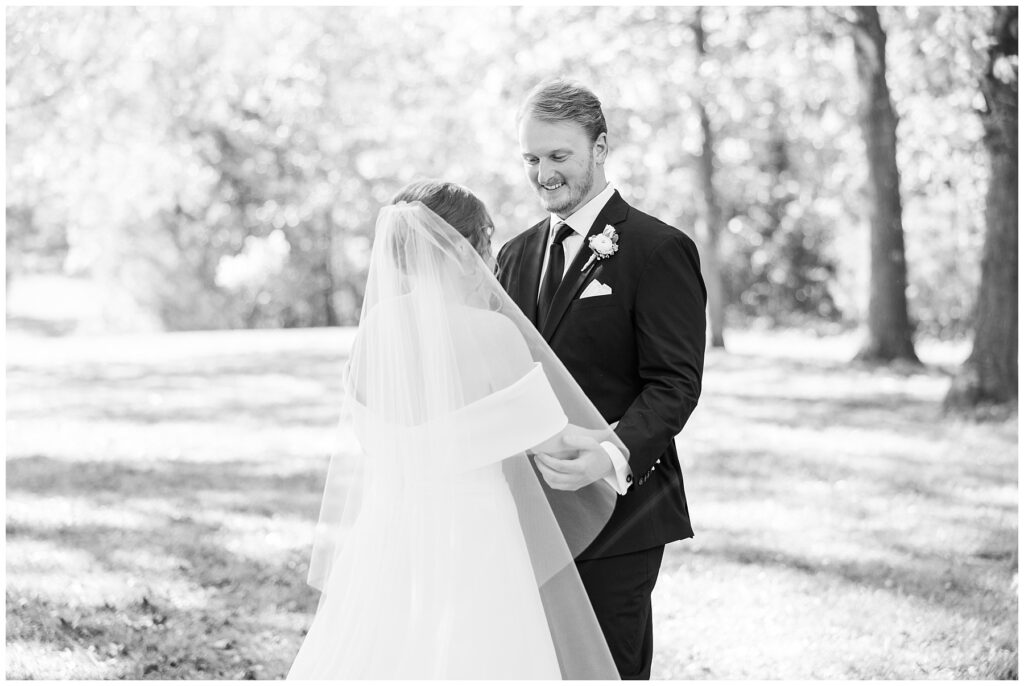 Bride and groom first look, first look, The Farmstead wedding venue, fall wedding, Raleigh wedding photographer
