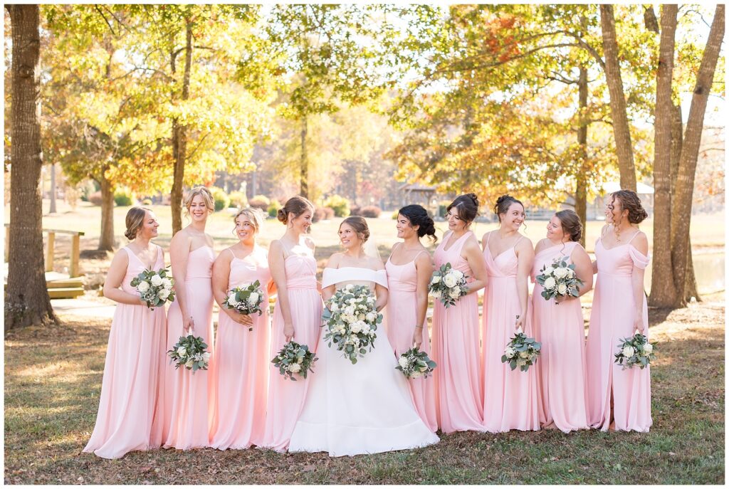 Bridal party, bridesmaids, bridesmaid dress colors, wedding floral, NC wedding venue