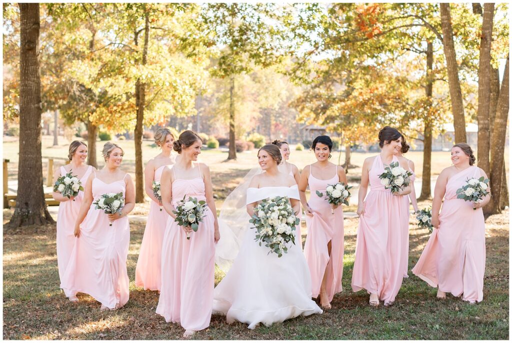 Bride, bridesmaids, wedding colors, fall wedding, The Farmstead wedding venue, Raleigh wedding photographer