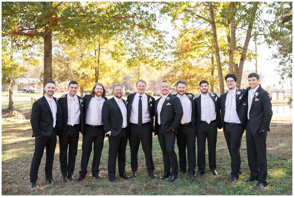 Groom, groomsmen, wedding colors, fall wedding, The Farmstead wedding venue, Raleigh wedding photographer