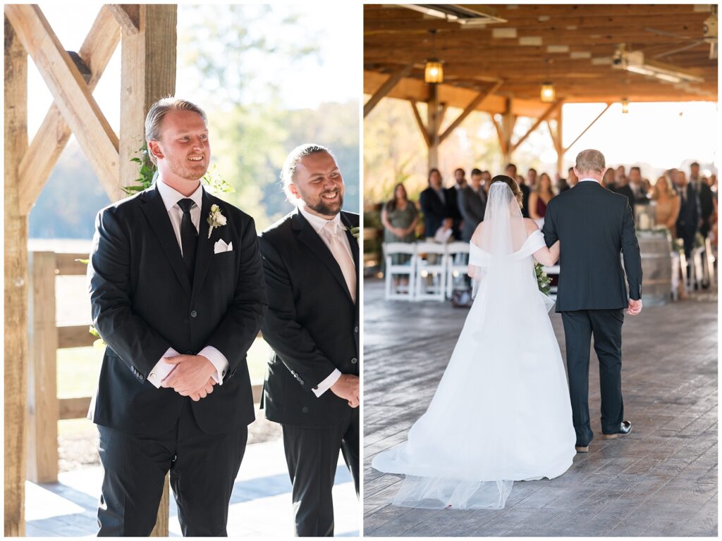 Walking down the aisle, bride and father, groom reaction, NC wedding venue, Raleigh wedding photographer