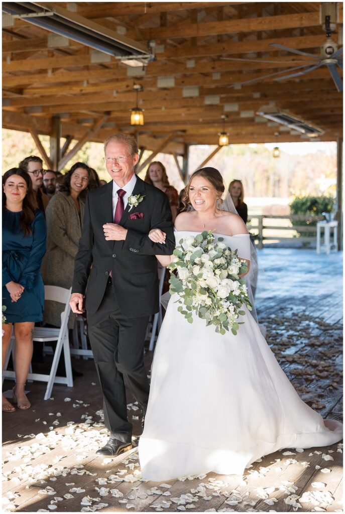Walking down the aisle, bride and father, groom reaction, NC wedding venue, Raleigh wedding photographer