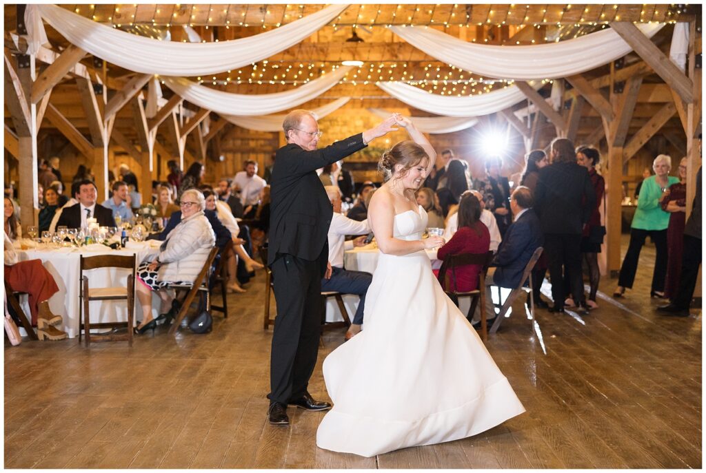Wedding reception, father daughter dance, The Farmstead wedding venue, Raleigh wedding photographer