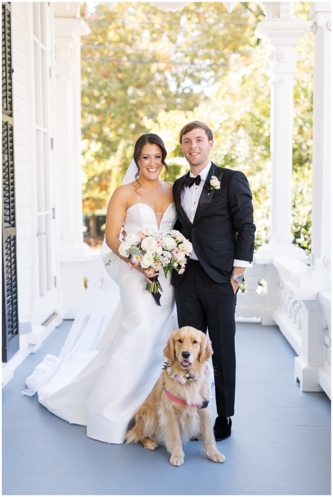 Bride and Groom with dog | Golden Retriever Wedding Inspo | Merrimon-Wynne Wedding | Raleigh NC Wedding Photographer 