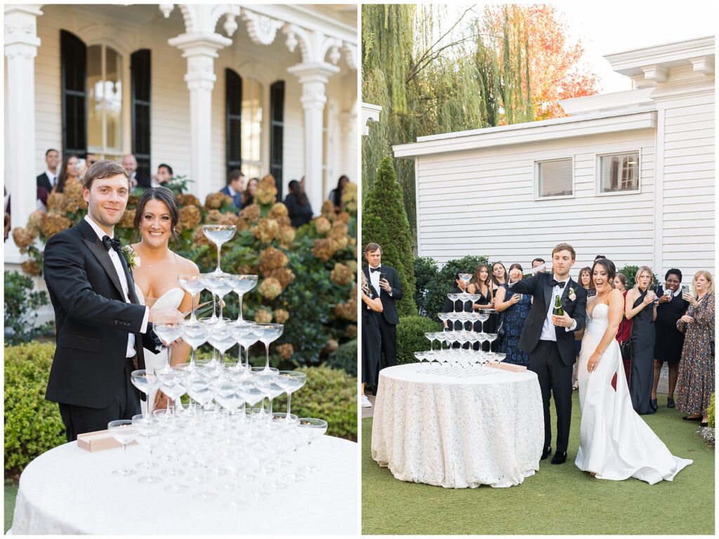 Bride and Groom Opening Champagne Bottle | Merrimon-Wynne Wedding | Raleigh NC Wedding Photographer 