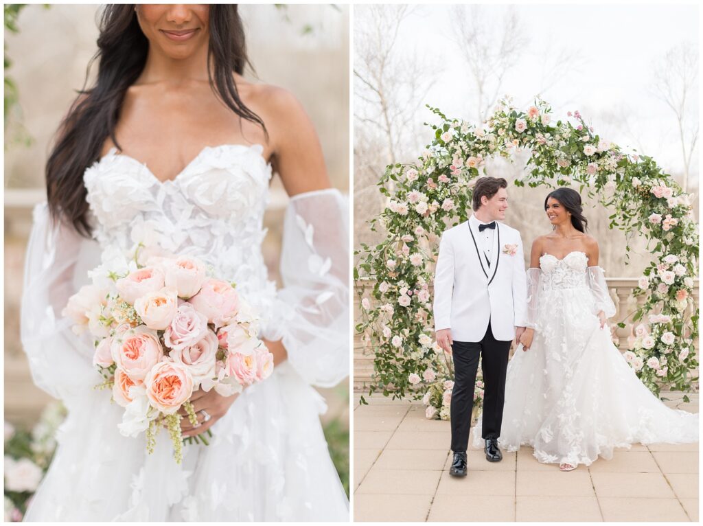 Bride Bouquet with Pink Flowers | Bride and Groom Holding Hands